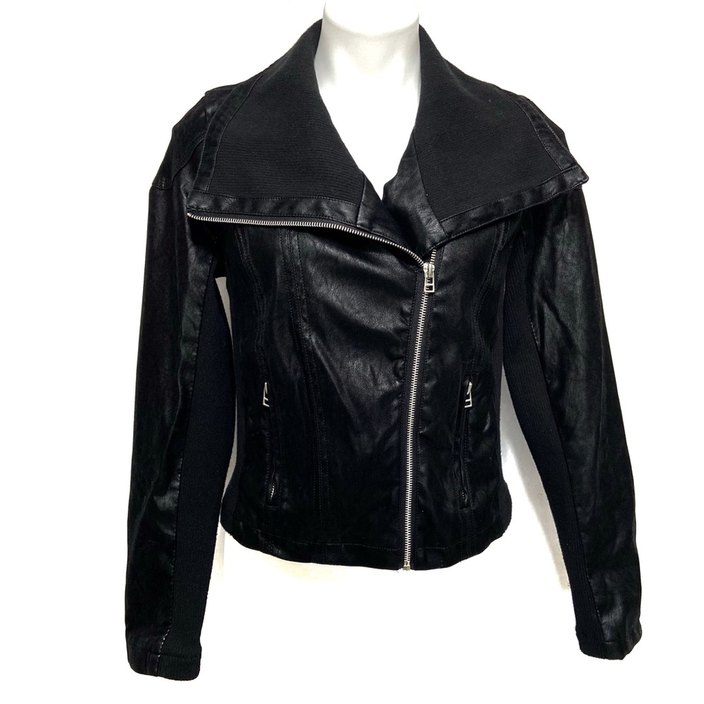 HARPER HERITAGE BLACK FAUX LEATHER MIXED MEDIA MOTO JACKET